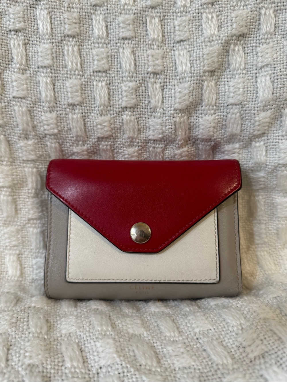 Celine Tricolor Leather Envelope Wallet - Red, Cream, Taupe